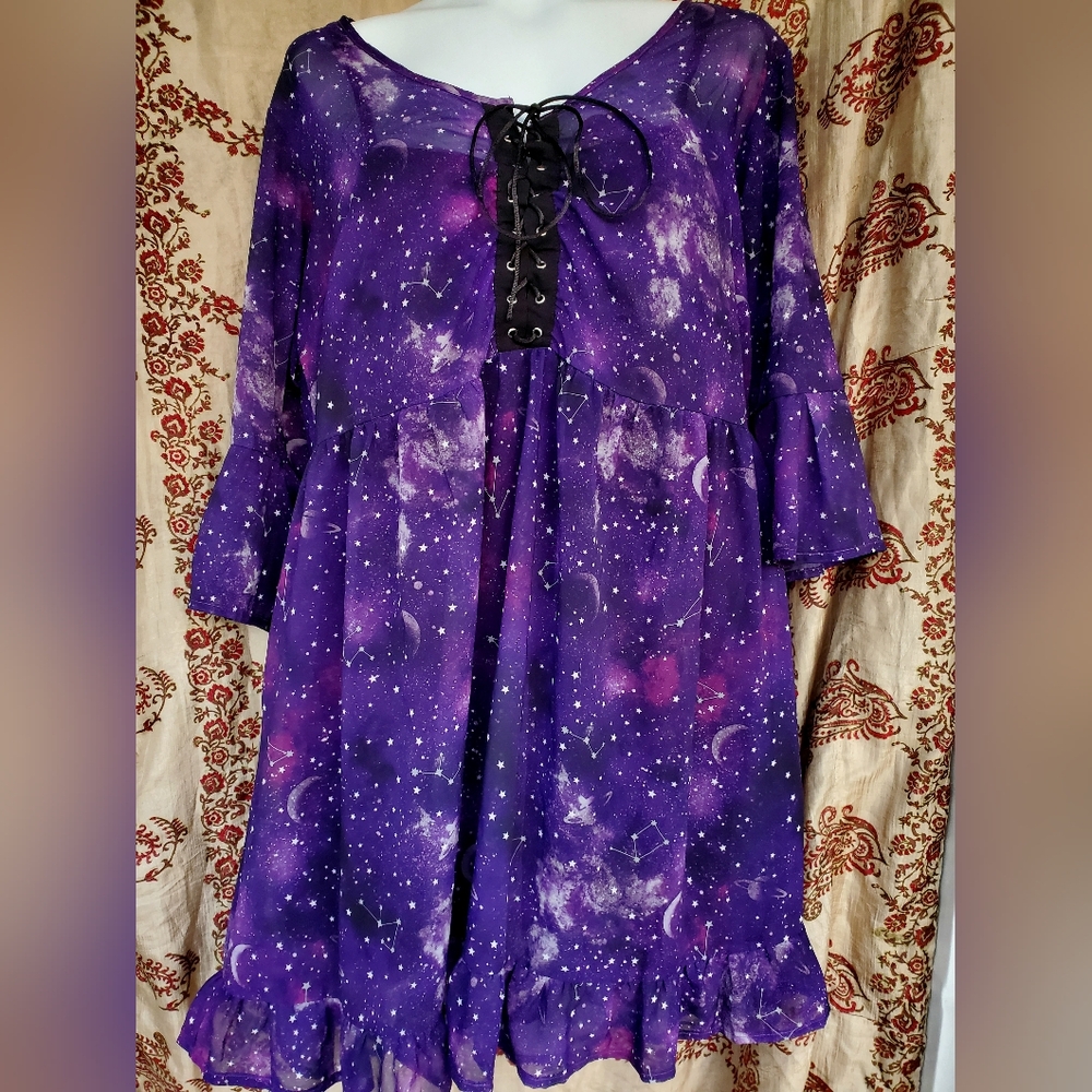 Hot Topic Midnight Hour Flowy Purple Chiffon Lace Up Constellation Dress Size 2